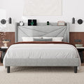 Feonase Queen Bed Frame with Charging Station, Linen Upholstered Platform Bedframe with Wingback Headboard, Solid Wood Slats Support, Noise Free, No Box Spring Needed, Light Grey