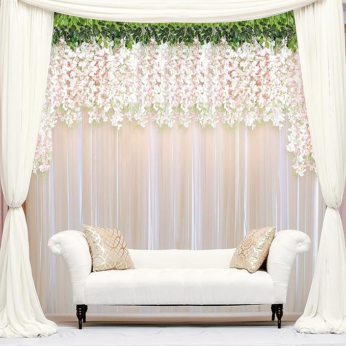 BLEUM CADE 20Pcs White & Pink Fake Wisteria Hanging Flowers, 3.6Ft/Pcs Artificial Wisteria Garland, Hanging Flowers for Wedding Party Home Backdrop Wall Decoration