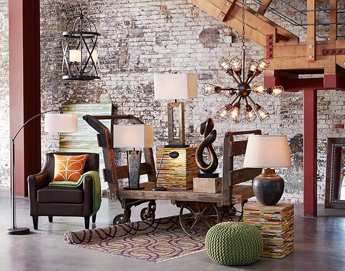 Franklin Iron Works Zion Rustic Farmhouse Table Lamp 30" Tall Natural Slate Bronze Tapered Metal Frame Rectangular Shade for Living Room Bedroom House Bedside Nightstand Home Office Entryway Family