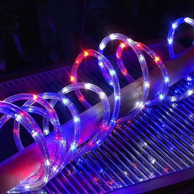 Waterproof LED Rope Lights, Connectable & Flexible with 8 Modes, Outdoor Lighting for Deck, Garden, Pool, Patio & Christmas Decor (Red/Blue/White, 20ft)