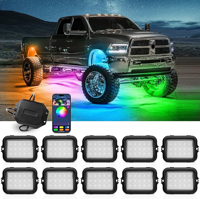 MICTUNING Y1 RGB+IC Dream Color Rock Lights - Upgraded 10 Pods Underglow Light with Chasing Effect, Wheel Well Light with Wiring Switch Kit, Bluetooth APP Control, Extensible Up to 24 Pods