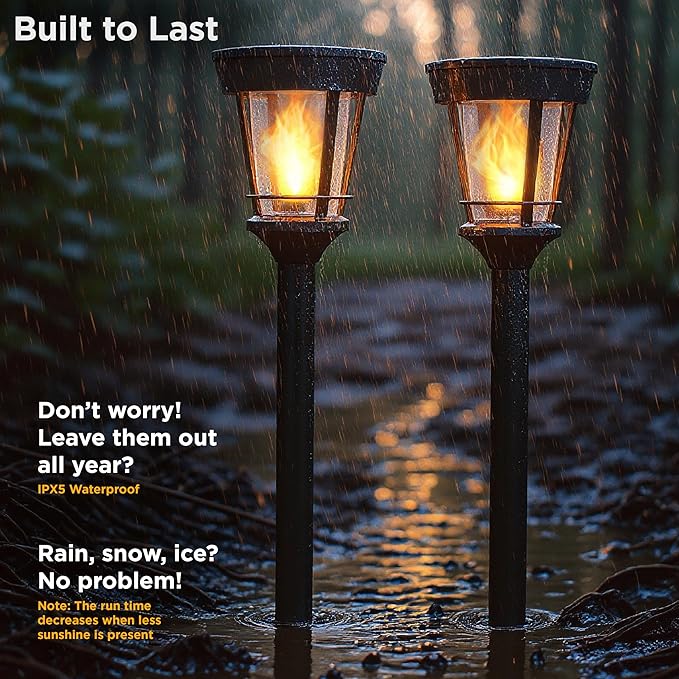 Classic Solar Path Torch - Elegant Flickering Flame Effect with Patented LED, IP65 Waterproof, Solar-Powered Lighting for Garden, Walkway, Yard, and Landscape Ambiance Easy Stake Installation (6 Pack)