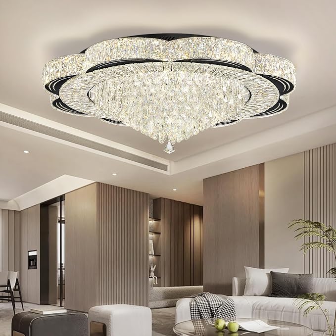 Modern Empire Crystal Chandelier Black 40inches Crystal Raindrop Ceiling Light for Living Room Bedroom LED Infinity Dimmable 3000-6000K