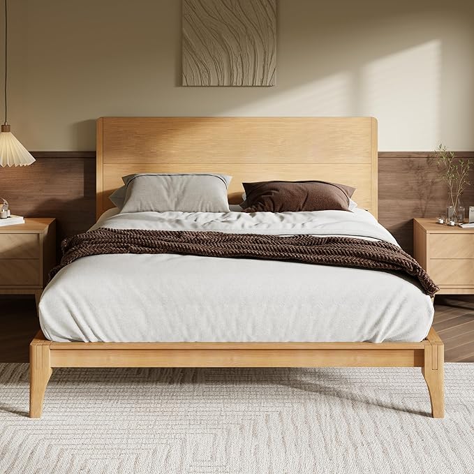 Merax King Size Bamboo Platform Bed, Mid-Century Modern Bed Frame with Tall Headboard, Solid Sustainable Bedframe King-Size, Wood Slat Support, No Box Spring Needed, Easy Assembly, Natural
