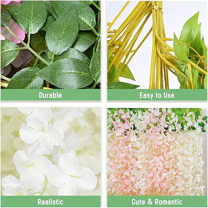 BLEUM CADE 20Pcs White & Pink Fake Wisteria Hanging Flowers, 3.6Ft/Pcs Artificial Wisteria Garland, Hanging Flowers for Wedding Party Home Backdrop Wall Decoration