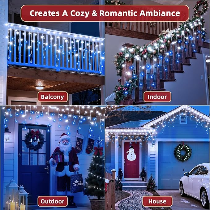 810 LED Christmas Lights Outdoor 82FT with 180 Drops, Christmas Decorations Hanging Lights 12 Modes, Dimmable Outsite Fairy String Lights for Wedding Party Holiday Winter Wonderland Decor Blue & White