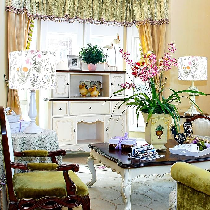 Set of 2 Large Drum Lampshades Floral Printed Lamp Shades - 16" x 16" x 12" - Ideal for Table & Floor Lamps Natural Linen- Hand Crafted - Farmhouse Decor - Assembly Required By GO&SO