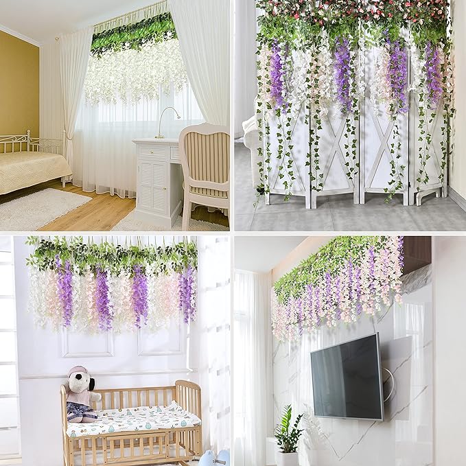 BLEUM CADE 20Pcs White & Pink Fake Wisteria Hanging Flowers, 3.6Ft/Pcs Artificial Wisteria Garland, Hanging Flowers for Wedding Party Home Backdrop Wall Decoration