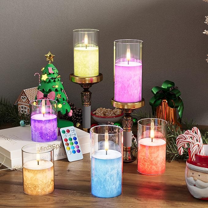 12Colors Ice Crystal Real Wax Glass Flameless Candles with Remote & Timer, Battery Operated Candles with Warm Flickering Flame, Realistic LED Candle for Wedding Home Decor [D3×H4/5"/6"] 3Pack
