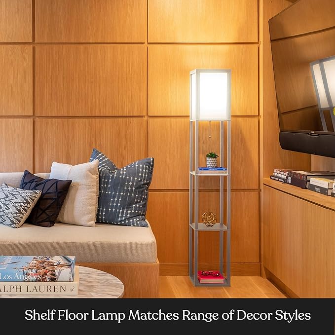 Brightech Maxwell - Modern Shelf Floor Lamp with Lamp Shade and LED Bulb - Coner Display Floor Lamps with Shelves for Living Room, Bedroom and Office - Rustic Wood