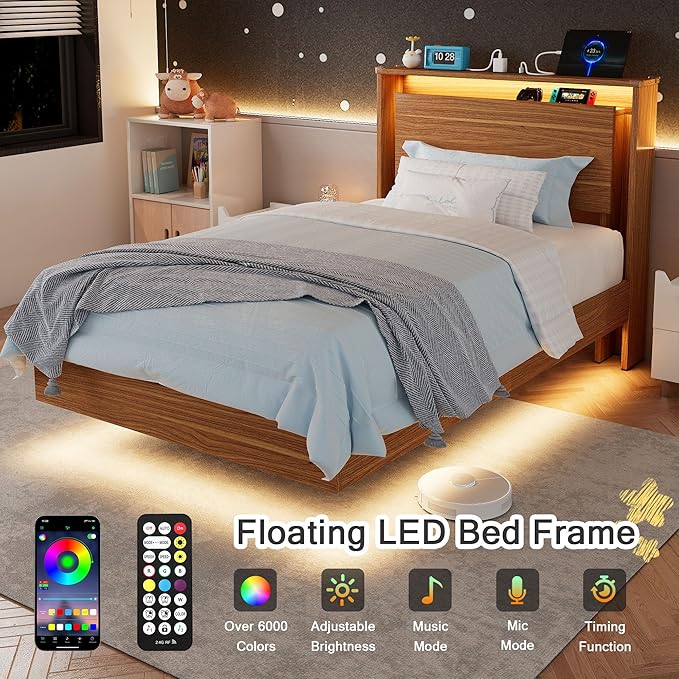 Twin Bed Frame with Storage Headboard & LED Lights – Wood Floating Bed Frame with Charging Station, Non-Slip Slat, Kick-Free & Noise-Free Design, Easy Assembly, Walnut