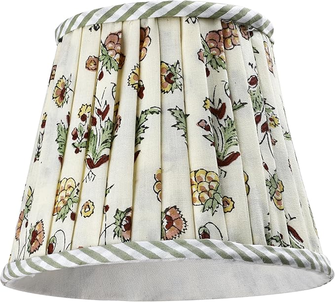 Ridhi Pleated Block Print Lamp Shade jasmine yellow Floral Medium 4" Top x 6" Bottom x 5" High Spider with Harp and Finial Fitting