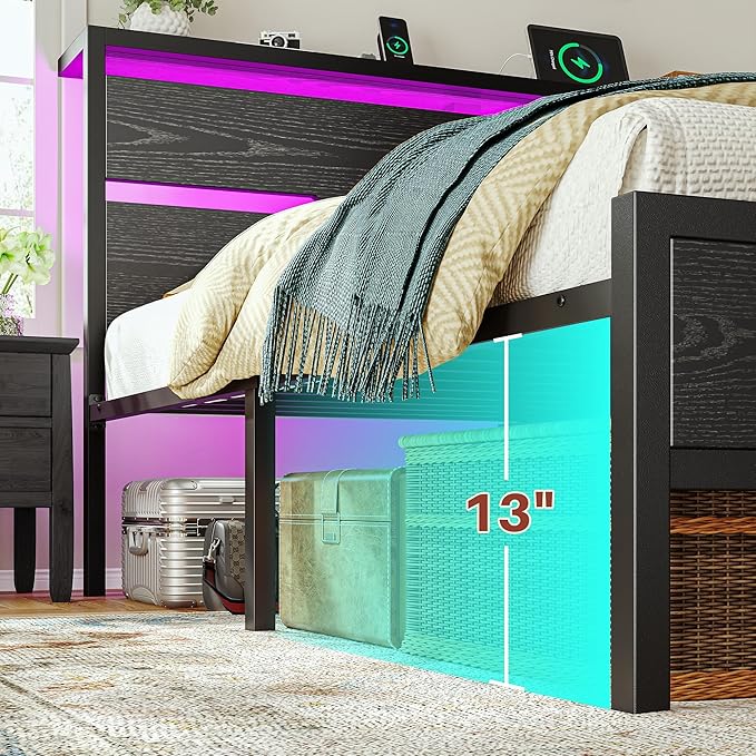 Full Size Bed Frame with LED Lights & Charging Station, Bed Frame Full with Storage Headboard,13" Under Bed Storage, No Box Spring Needed,No Noise, Easy Assembly,Modern Black