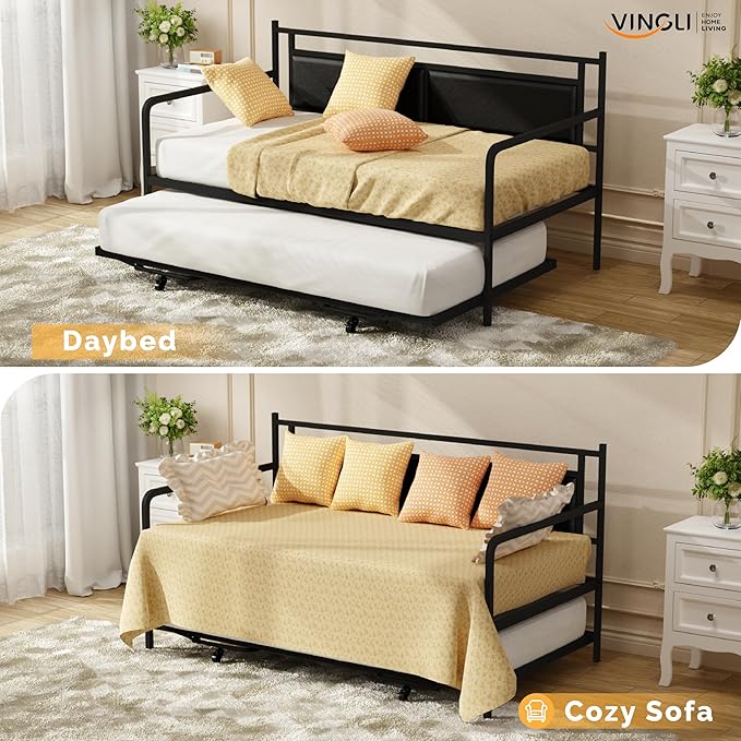 VINGLI Twin Daybed with Pop Up Trundle,Sofa Day Bed with LED Light & Charing Station,Pull Out Bed with Steel Slat Support & Upholstered Headboard, Platform Bed Frame, Black