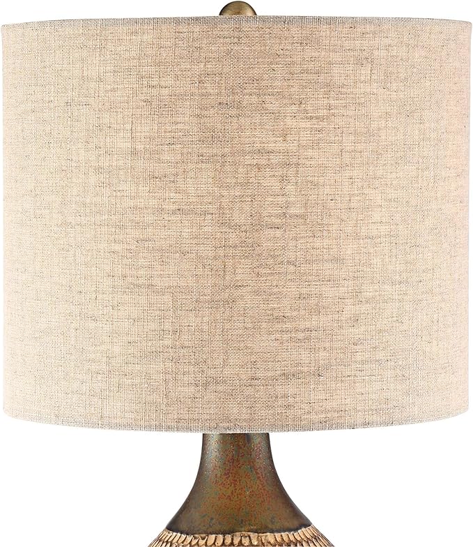 360 Lighting Emma Mid Century Modern Style Accent Table Lamp 21" High Brown Textured Wood Ceramic Oatmeal Fabric Drum Shade Decor for Living Room Bedroom House Bedside Nightstand Home Office
