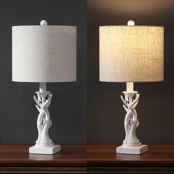 JONATHAN Y JYL1031C 20.5" Rustic Faux Antler Table Lamp for Living Room Bedroom, Farmhouse Lodge Cabin Style Bedside Nightstand Lamp with Grey Linen Drum Shade and Pull Chain, Antique White