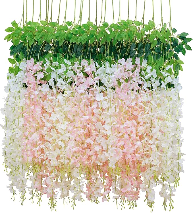BLEUM CADE 36Pcs White & Pink Fake Wisteria Hanging Flowers, 3.6Ft/Pcs Artificial Wisteria Garland, Hanging Flowers for Wedding Party Home Backdrop Wall Decoration
