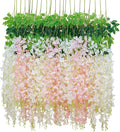 BLEUM CADE 20Pcs White & Pink Fake Wisteria Hanging Flowers, 3.6Ft/Pcs Artificial Wisteria Garland, Hanging Flowers for Wedding Party Home Backdrop Wall Decoration