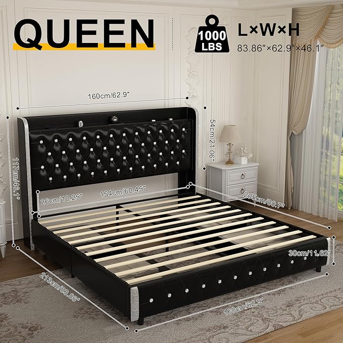 Queen Wingback Modern Platform Bed with Galaxy Projector, 4 Dust-Proof Storage Drawers, LED Bed Frame, USB Ports, No Box Spring Needed & Noise-Reduction Sturdy Wood Slats, PU Black