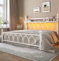 EnHomee 54" King Bed Frame with Headboard, Metal King Size Bed Frame with LED Lights and Power Outlets, Heavy Duty Steel Slats Support with Storage, Sturdy & Noise-Free, No Box Spring Needed, White