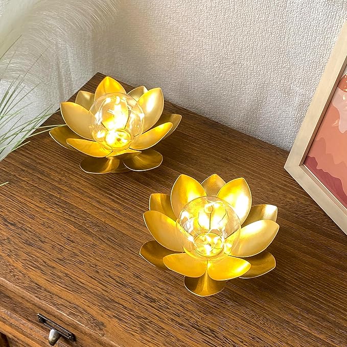 JHY DESIGN Set of 2 Gold Lotus Table Lamp Battery Powered 6''Tall Cordless Lamp Light Battery Operated Great for Living Room Bedroom Weddings Parties Patio Events Indoors Outdoors