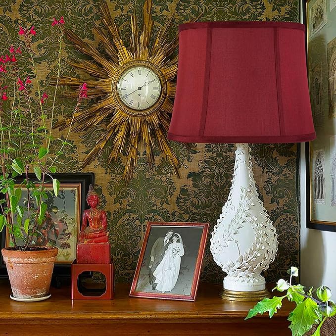 GOSO Medium Burgundy Red Drum Lamp Shade for Table Lamps Floor Lamp,12x14x10 inch (Spider) Fabric Faux Silk Lampshades Replacement, Art Deco Vintage Lamp Shades for Living Room&Bedroon-Easy Assembly
