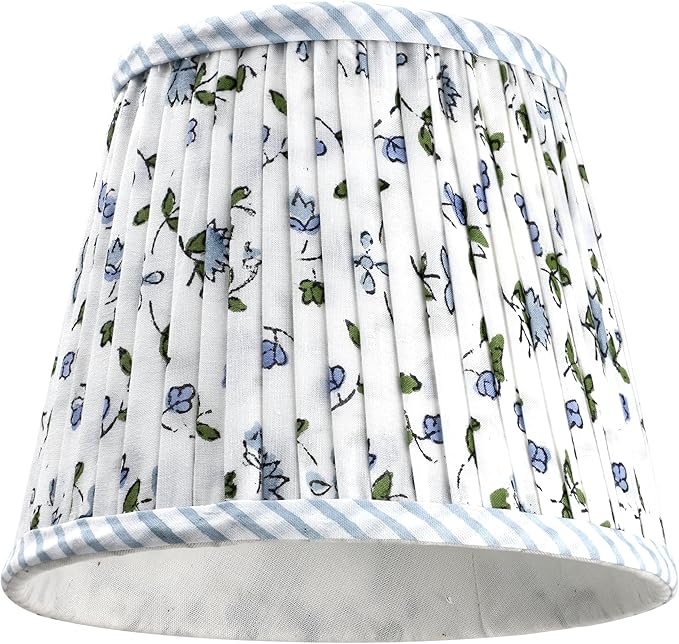 Ridhi Pleated Block Print Lamp Shade Powder Blue Floral Medium 4" Top x 6" Bottom x 5" High Spider with Harp and Finial Fitting
