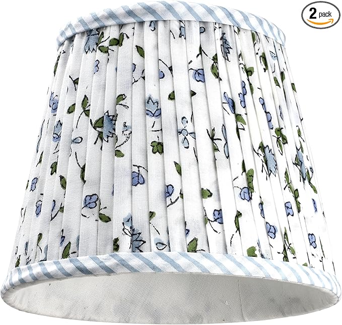 Ridhi Pleated Block Print Lamp Shade Powder Blue Floral Medium 4" Top x 6" Bottom x 5" High Spider with Harp and Finial Fitting pack of 2