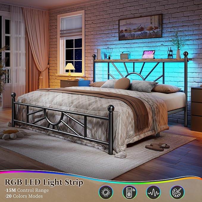 Queen Size Bed Frame Metal Platform with Headboard & LED Light, Bed Frame with Under Bed Storage/No Box Spring Needed/Noise-Free/Easy Assembly, Black