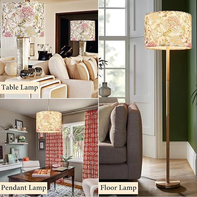 GO&SO 1 Pack Floral Large Drum Lamp Shade,16" x16" x12", 1.65" Spider E27 Base, Printed Pattern Design, DIY Assembly with Multi-Adapter (E26/E14/10mm), Perfect for Table/Floor Lamps/Pendant Lighting