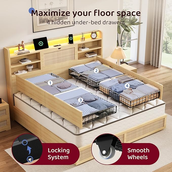 King Size Rattan Bed Frame with 4 Storage Drawers and Hidden Storage Headboard Wooden Platform Bed Frame with LED Lights and Charging Station, No Box Spring Needed, Easy Assembly, Natural