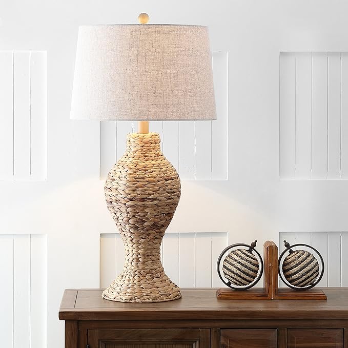 JONATHAN Y JYL1015A 31" Tall Coastal Table Lamp, Natural Woven Water Hyacinth Boho Accent Lamp with Gray Linen Shade for Living Room, Bedroom, Farmhouse Bedside End Table, LED Bulb Included